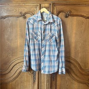 Vintage Stapleford Brand Western Blue Plaid Pearl Snap Long Sleeve Shirt Size L